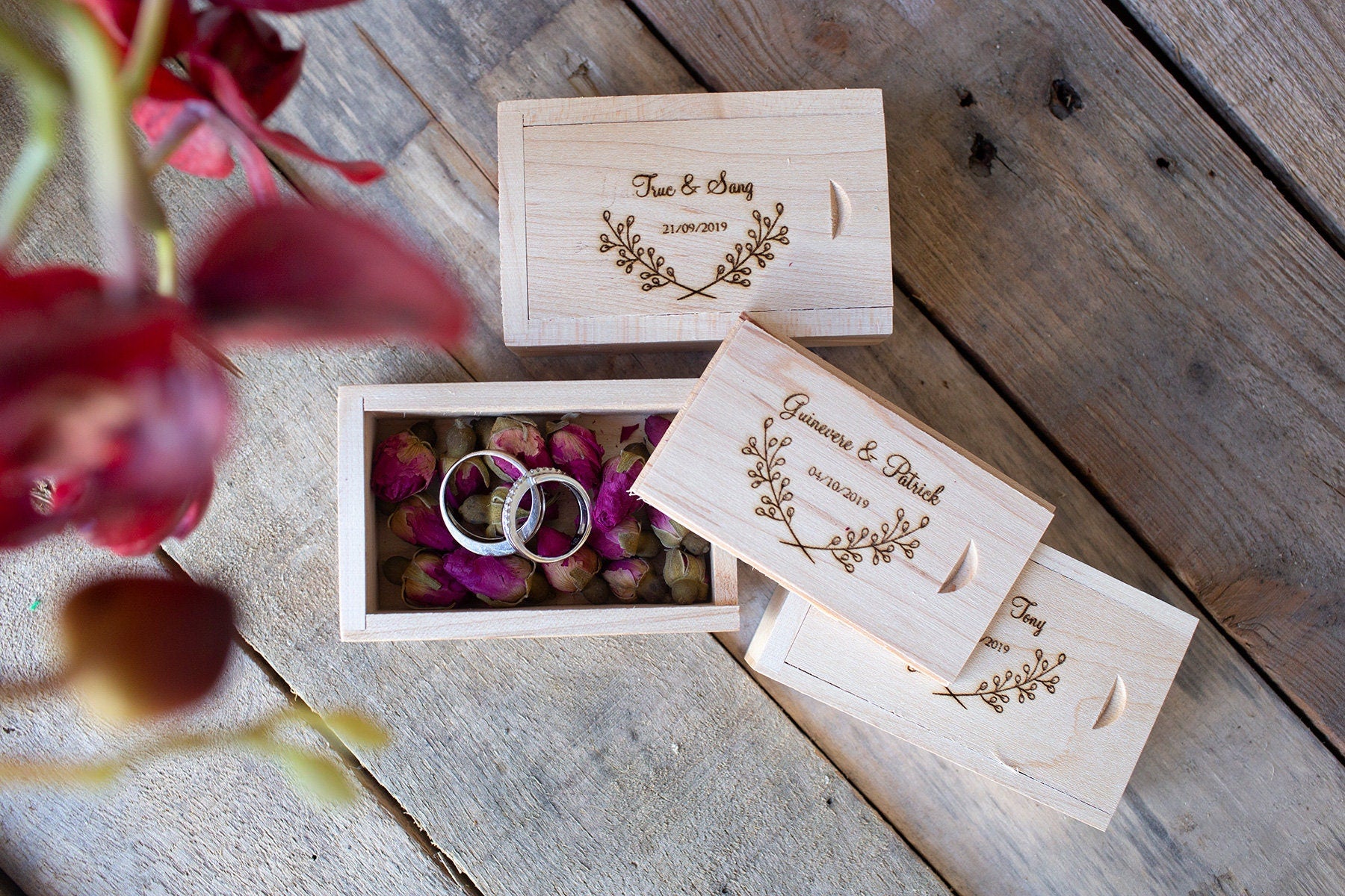 Wedding ring box wooden Custom Wedding Ring Box, Wedding Gift, Ring Bearer Box, Engraved, Custom Names, Personalised, printed